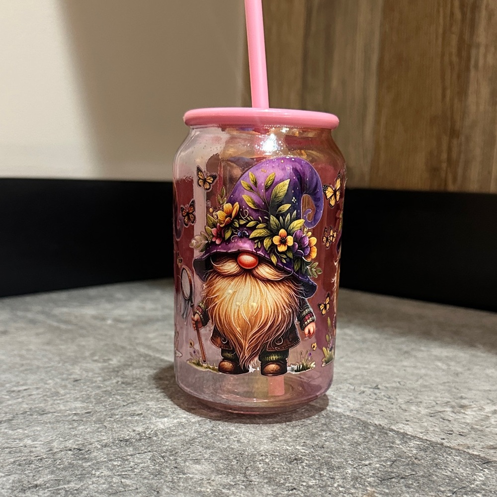 Whimsical Gnome 18oz Iridescent Glass Cup with Straw & Lid